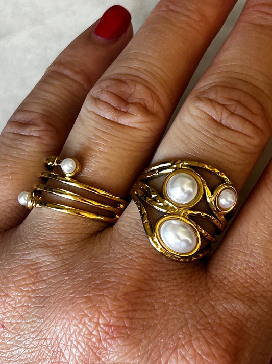 טבעת פסים פנינים ציפוי זהב 18k