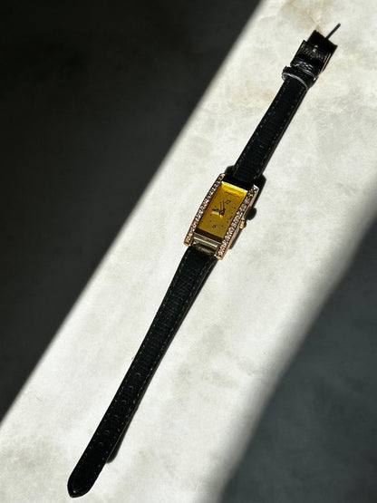 שעון שחור דמוי עור מרובע מוזהב דמוי זרקונים וינטג׳