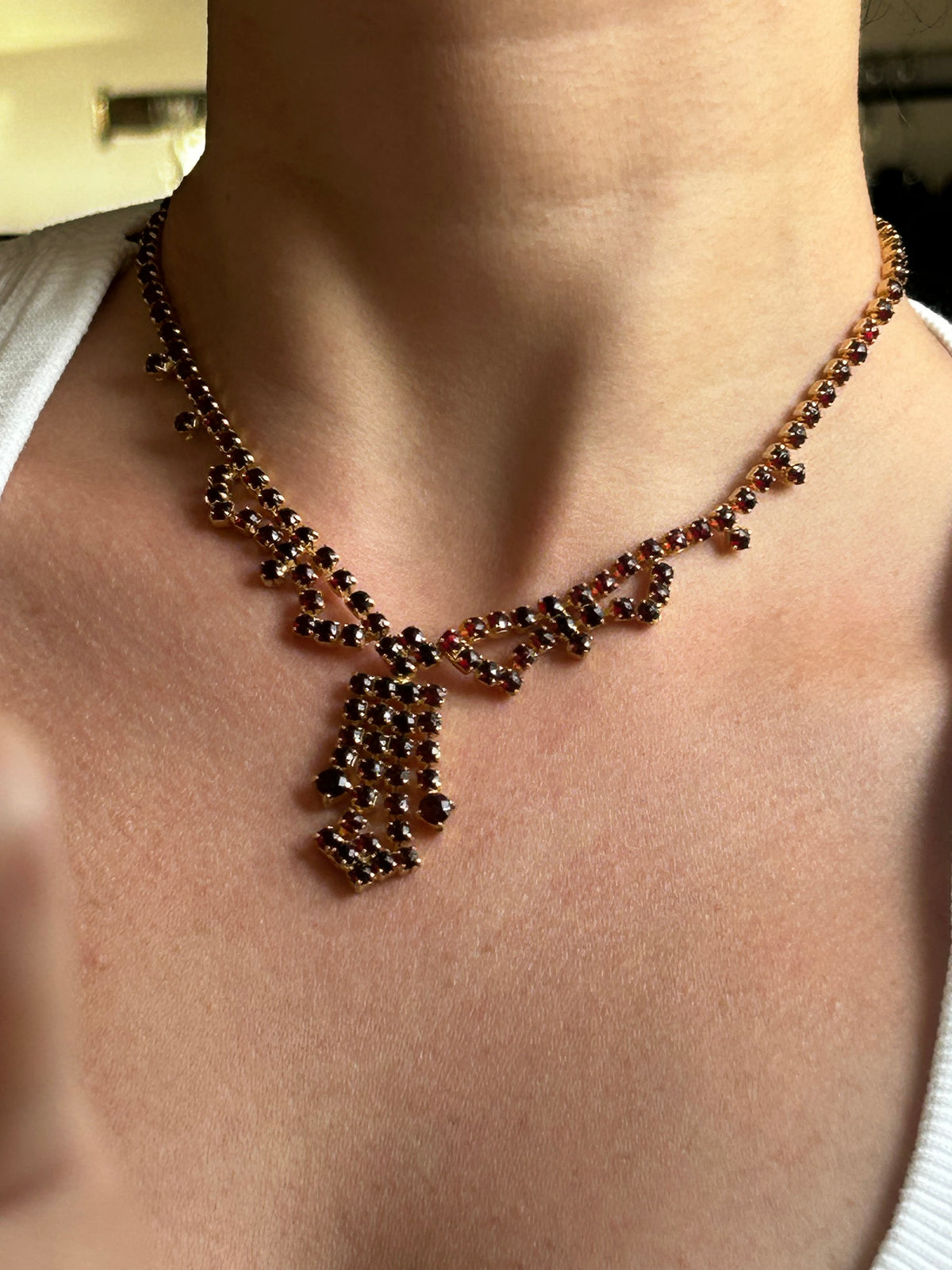 שרשרת דמוי זרקונים בורדו רומנטית ציפוי זהב וינטג׳